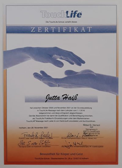 TouchLife Zertifikat Jutta Haiß